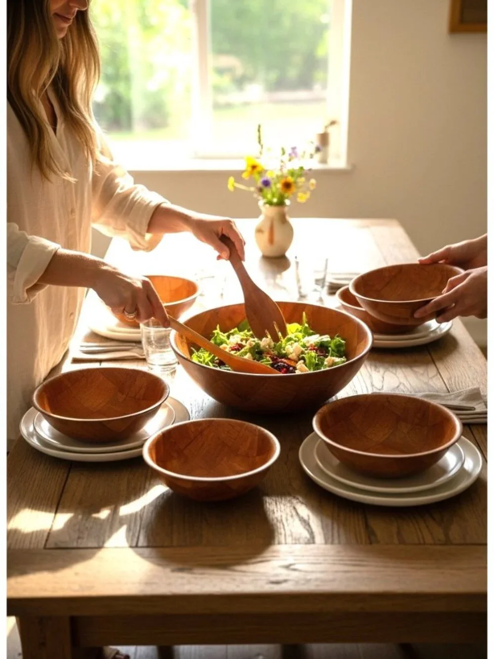 Vintage Wooden Salad Bowl Set With Utensils - 7-Piece Weave Design MCM Decor